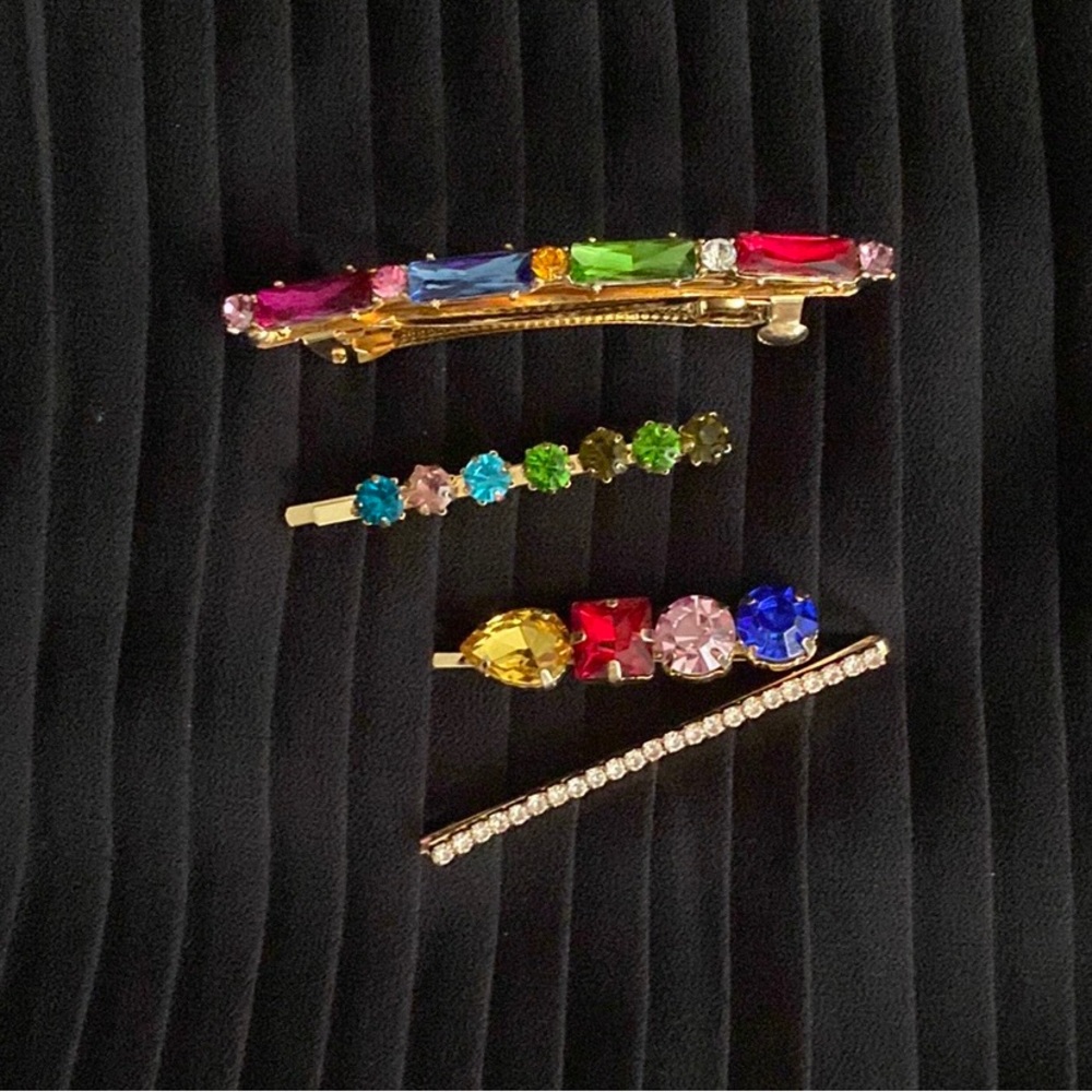4 PIECE JEWEL TONE CRYSTAL BARRETTE & BOBBY PINS